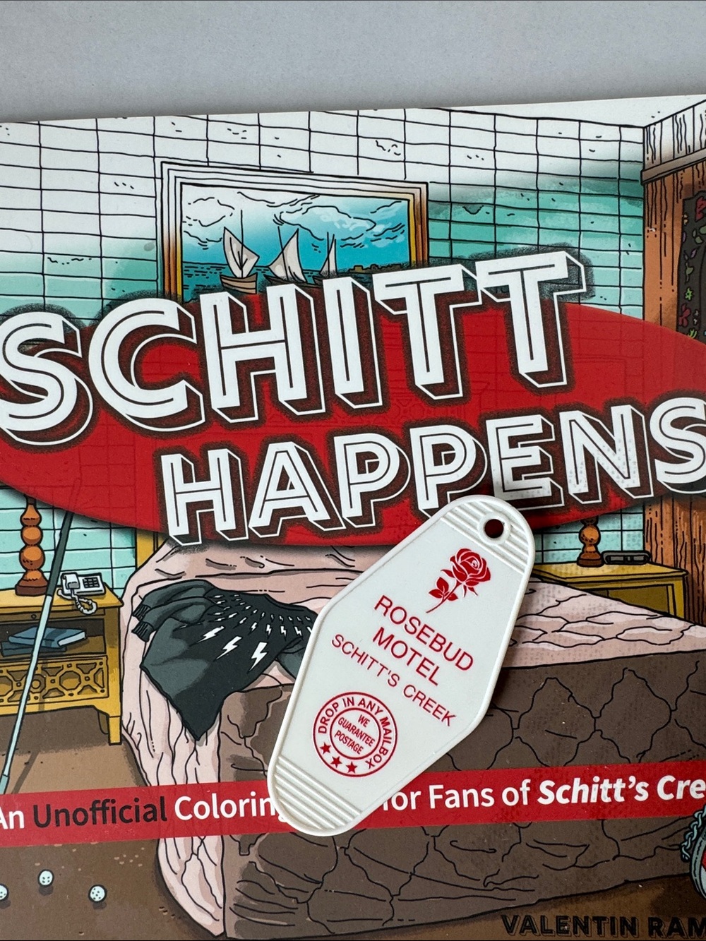 Schitt Happens Coloring Book & Rosebud Motel Keyfob